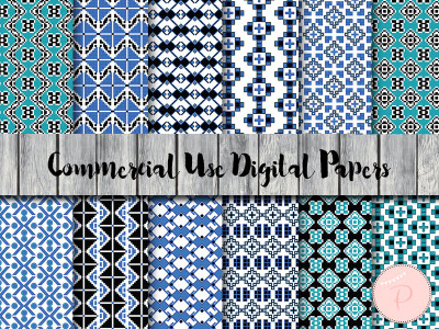dp49-Folk Style Digital Paper, Bohemian Digital Paper, Teal Blue Tribal Digital Paper