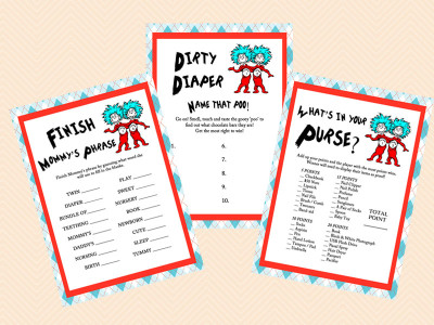 dr seuss baby shower games, twins baby shower game pack, thing 1 thing 2 baby shower tlc61