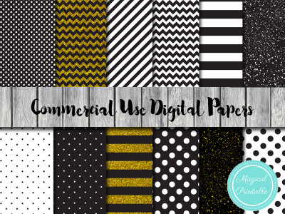 gold glitter and black digital papers, instant download