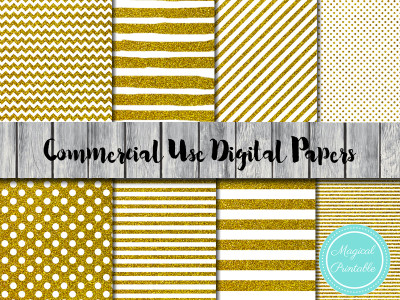 gold glitter digital papers, gold stripes digital papers, gold dots