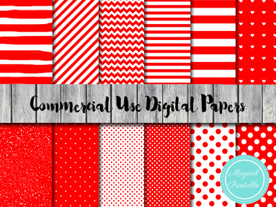 red love digital papers, red chevron, red polka dots, red stripes