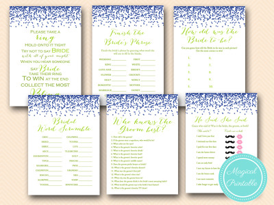 royal blue and lime green bridal shower game pack instant download bs154