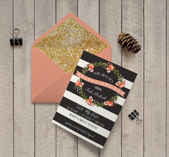 Black And White Striped Floral Bridal Shower Printable Invitation Modern Floral Pink And Black Invite - Romantic Floral Wreath