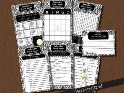 Bridal Shower Games & Bride Advice Card Bingo, word search, Fill in Blank Black and White Damask