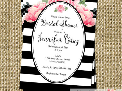 Peony Black White Bridal Shower Invitation Modern Chic Stripes