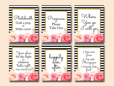 black and white stripes, peonies wedding signs, bridal shower signs, cards and gifts, happily ever after sign sn23