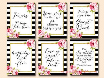 black stripes, floral wedding signs, bridal shower signs, favors, thank you sign, cards and gifts