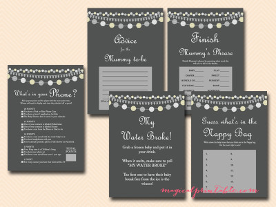 Gray Rustic Baby Shower Game Printables, instant download, light strings, game package