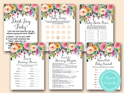 floral baby shower, shabby chic baby shower game pack tlc140 watercolor flowers