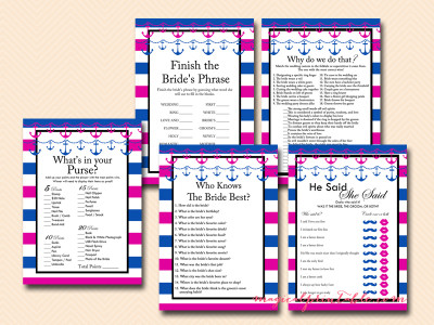 hot pink and navy blue nautical bridal shower game package, instant download, bs91, beach bridal shower games