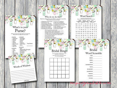 light pink and mint bridal shower game pack, printable games, instant download bs74