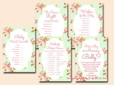 mint shabby chic baby shower game pack, floral, rustic baby shower game pack, instant download TLC85