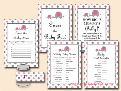 pink and gray elephant baby shower game pack, tlc88, instant download, printable baby shower games