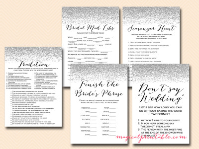 silver glitter bridal shower game pack, silver confetti, instant download, modern bridal shower games, chic bs89