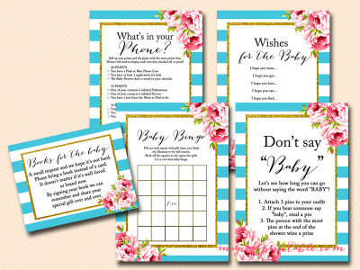 turquoise baby shower game package, florals, stripes, turquoise stripes, floral, chic baby shower games, instant download, tlc84