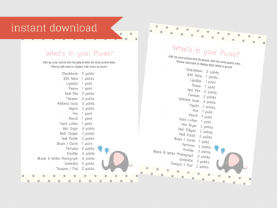 Baby Shower Printable Game Set, Diaper Raffle, Dirty Diaper, Baby Word Scramble, Advice for Mommy to be, What's in your Purse, Baby Shower