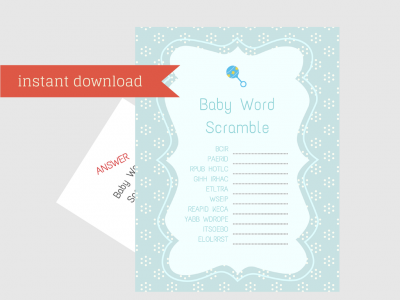 Baby Shower Printable Game Set, Diaper Raffle, Dirty Diaper, Baby Word Scramble, Advice for Mommy to be, What's in your Purse, Baby Shower