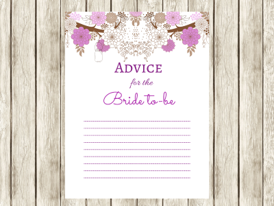 Purple Advice for Bride to be, bridal shower advice cards, advice cards, Bridal Shower activity, Printable Bridal advice card, Bridal, mason