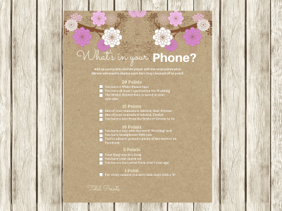 Purple Modern What's in your Phone Bridal shower game, Modern bridal Shower Games, Printable bridal shower Game, floral