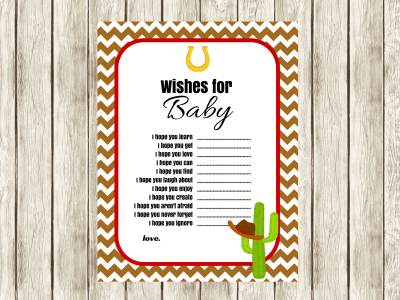 Cowboy Cowgirl Wishes for Baby, Cowgirl Baby Shower activity, Wild West Theme baby shower, Advice for Baby, Printable Wishes for Baby Card
