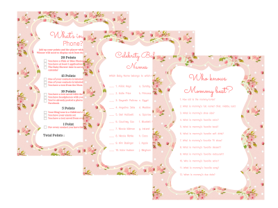 Girl Modern Baby Shower Games, who knows mommy best, what's in your phone, celebrity baby names, pink shabby chic, vintage rose