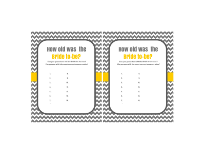 Chevron How old was the bride Bridal Shower Games, Printable Bridal Shower Games, Bridal Shower Game Prizes, gray, yellow