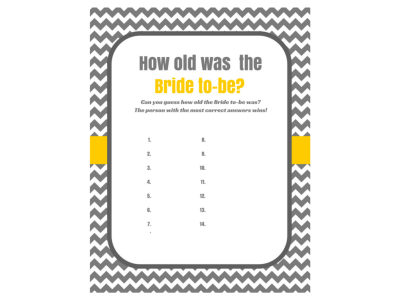 Chevron How old was the bride Bridal Shower Games, Printable Bridal Shower Games, Bridal Shower Game Prizes, gray, yellow