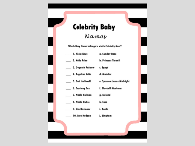 COCO Chanel Inspired Baby Shower Games, Modern Black & White Stripes Baby Shower Games, Wishes for baby cards, name that baby animal,  how old was the mommy to be, celebrity baby names, price is right, scramble, ABC baby item, what's in your purse
