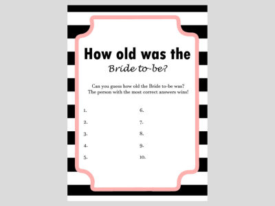 Chanel Inspired Black & White Stripes Bridal Shower Games,chanel inspired bridal shower games, advice for bride to be, advice for bride and groom to be, apron game, date night cards, famous love quotes, good wife guide 1950's, how old was the bride to be, how old were they, recipe cards, scramble , traditions, why do we do that?, what's in your cellphone, what's in yort purse, 