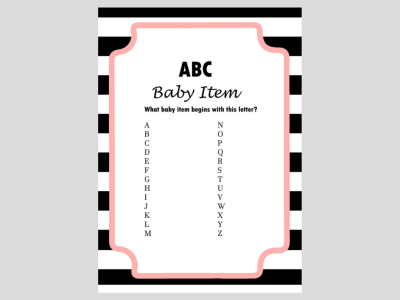 COCO Chanel Inspired Baby Shower Games, Modern Black & White Stripes Baby Shower Games, Wishes for baby cards, name that baby animal,  how old was the mommy to be, celebrity baby names, price is right, scramble, ABC baby item, what's in your purse