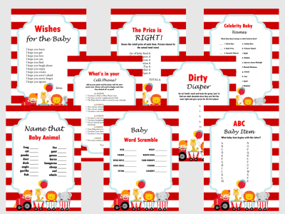 Circus, Carnival Themed Baby Shower Games Set, Baby shower Activities, Game Prize, Unique Baby Shower, ccs1, ABC Baby item Advice mommy to be baby animal celebrity baby what's in your cellphone dirty diaper price is right Scramble wishes for the baby