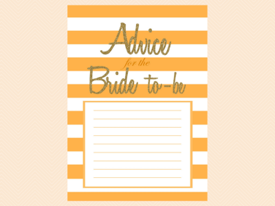 orange,Advice for the Bride to be, Stripes, Gold Glitter, Advice Cards, Bridal Shower Activities, Wedding Shower Games