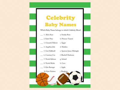 celebrity baby names, celebrity moms, All Stars Baby Shower Game Printables, All Stars, baseball, Sports Baby Shower Games and Activities, Instant Download