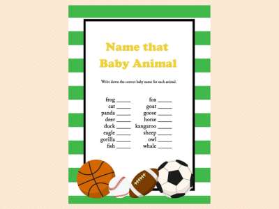 name that baby animal, All Stars Baby Shower Game Printables, All Stars, baseball, Sports Baby Shower Games and Activities, Instant Download