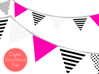 kate spade inspired banner, garland, bunting, pennant, hot pink, black dots, stripes