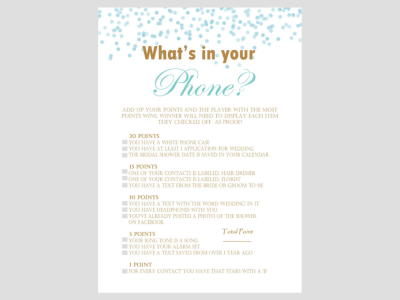 What's in your phone game, cellphone, Brown Gold Confetti Bridal Shower Games, Unique Bridal Shower Games, Bachelorette, Wedding Shower BS09