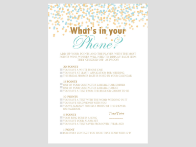 What's in your phone game, cellphone, Brown Gold Confetti Bridal Shower Games, Unique Bridal Shower Games, Bachelorette, Wedding Shower BS09