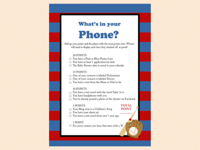 whats in your phone, Navy Red Baseball Baby Shower Game Printables, All Stars, baseball theme, Sports Baby Shower Games, Printable Baseball Games TLC08