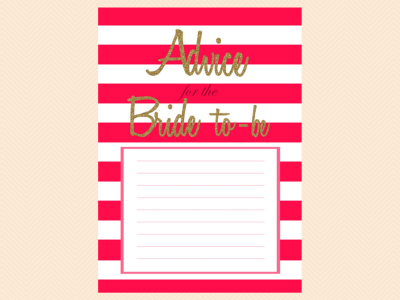 red, Advice for the Bride to be, Stripes, Gold Glitter, Advice Cards, Bridal Shower Activities, Wedding Shower Games