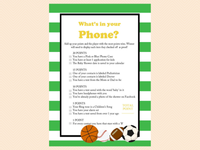 whats in your phone, cell phone game, All Stars Baby Shower Game Printables, All Stars, baseball, Sports Baby Shower Games and Activities, Instant Download