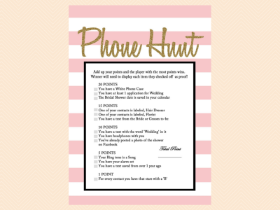 Phone Hunt Game, What's in your phone, Modern stripes Cellphone Game, Stripes, Gold Glitter, Printable Games, Wedding Shower Game 