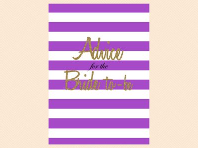 purple, lavender, Advice for the Bride to be, Stripes, Gold Glitter, Advice Cards, Bridal Shower Activities, Wedding Shower Games