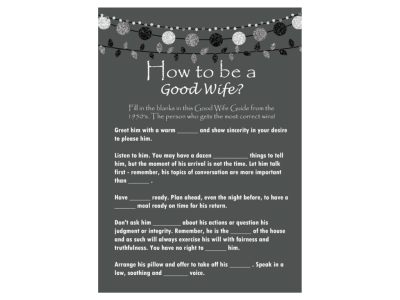 how to be a good wife, 1950's guide to good wife, Printable Rustic Bridal Shower Game Package Set, Activities, Unique Bridal Shower Games, Bachelorette Games, Wedding Shower Games