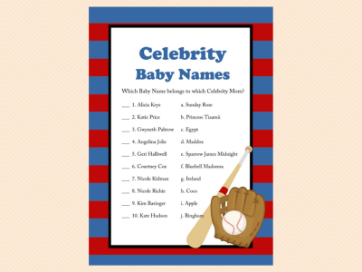 celebrity baby names, Navy Red Baseball Baby Shower Game Printables, All Stars, baseball theme, Sports Baby Shower Games, Printable Baseball Games TLC08