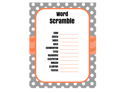 Coral & Gray Bridal Shower Games, scramble, traditions, whats in your purse, bridal words