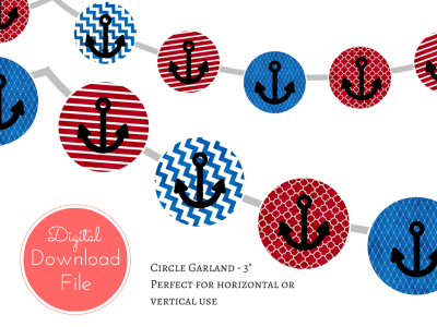 circle garland Blue Red Watercolor Nautical Baby Shower Banner, Ahoy Pennant, Garland, Printable Banner, Birthday Party, Bridal Shower, Wedding banner