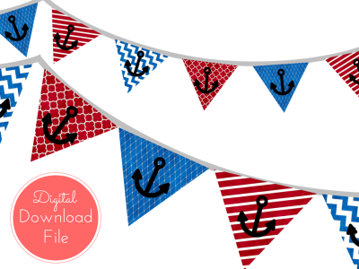 pennant Blue Red Watercolor Nautical Baby Shower Banner, Ahoy Pennant, Garland, Printable Banner, Birthday Party, Bridal Shower, Wedding banner