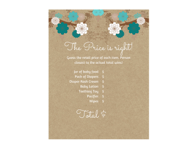 price is right Teal Floral baby shower games, baby Price is right, What's in your purse, fun baby shower game, printable, baby advice, wishes for baby