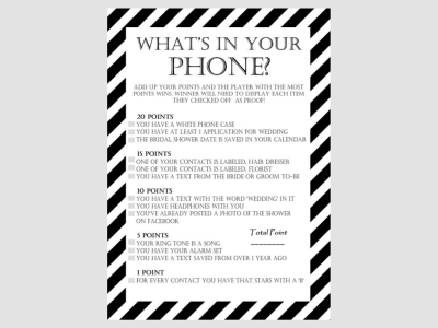 whats in your cellphone modern game, Modern Black and White Stripes Bridal Shower Games Package Set, Unique Bridal Shower Games, White background game, Wedding Shower Games