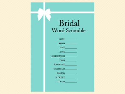 scramble, how well do you know the bride, who knows bride best, how to be a good wife guide, how old was bride, guess the age, finish bride's phrase, date night, bingo, apron game, advice for bride card, tiffany blue, tiffany bridal shower games, breakfast at tiffanys bridal shower